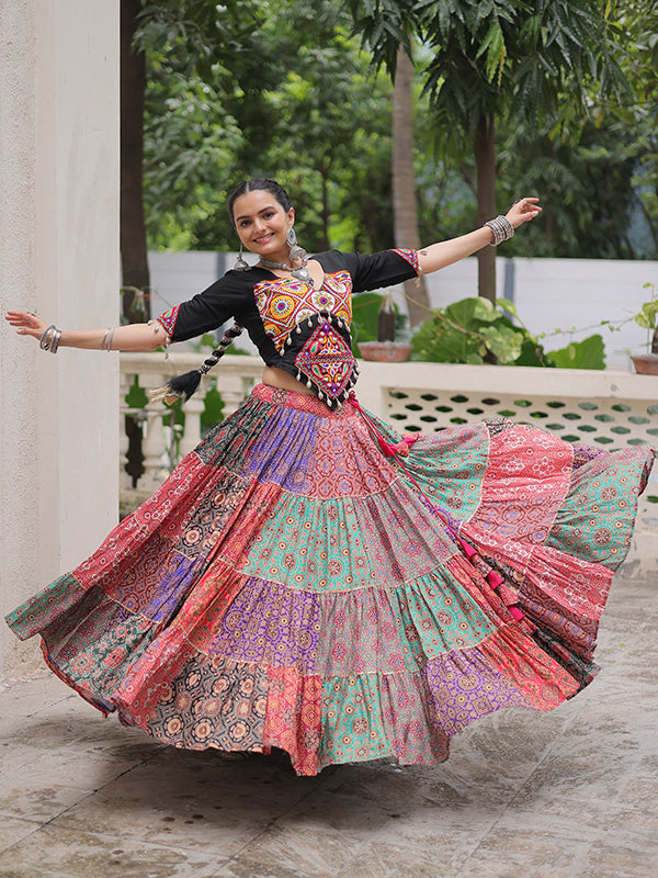 Black Kutchi Gamthi Work Blouse With Multicolor Printed Lehenga