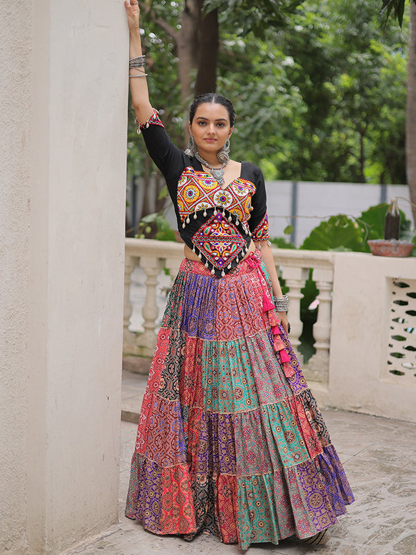 Black Kutchi Gamthi Work Blouse With Multicolor Printed Lehenga