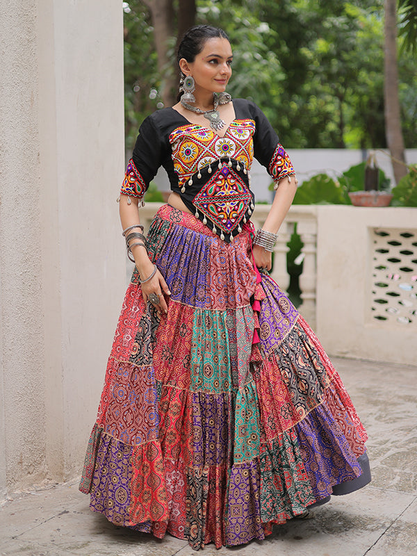 Black Kutchi Gamthi Work Blouse With Multicolor Printed Lehenga