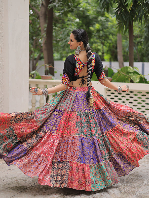 Black Kutchi Gamthi Work Blouse With Multicolor Printed Lehenga