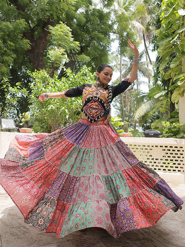 Black Kutchi Gamthi Work Blouse With Multicolor Printed Lehenga