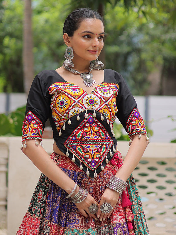Black Kutchi Gamthi Work Blouse With Multicolor Printed Lehenga