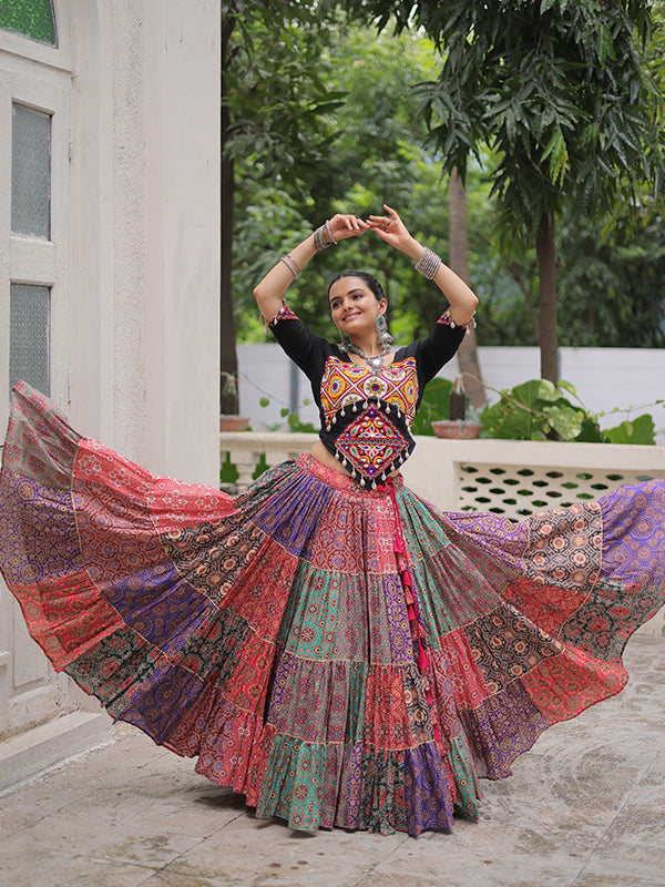Black Kutchi Gamthi Work Blouse With Multicolor Printed Lehenga