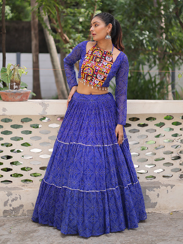 Blue Bandhej Printed Georgette Lehenga Choli