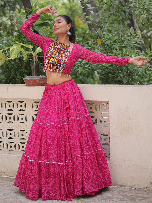 Pink Bandhej Printed Georgette Lehenga Choli