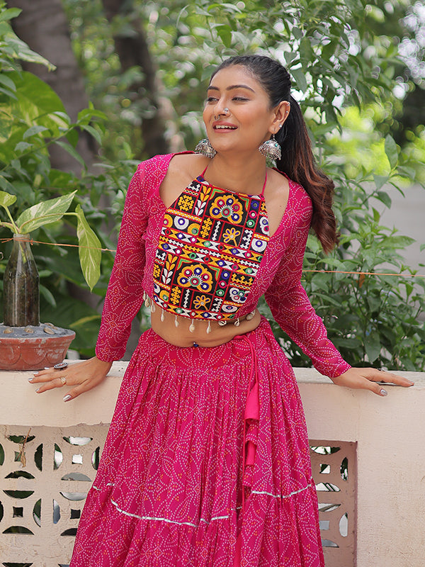 Pink Bandhej Printed Georgette Lehenga Choli