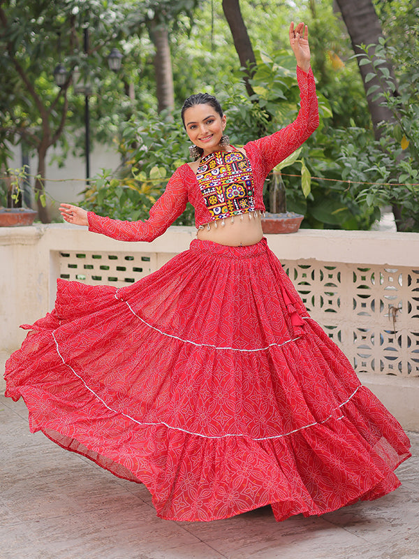 Red Bandhej Printed Georgette Lehenga Choli