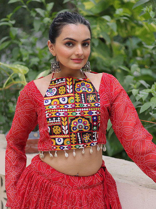 Red Bandhej Printed Georgette Lehenga Choli