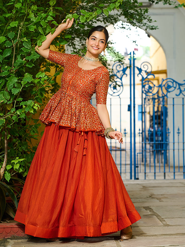 Orange Embroidered Sequins Work Peplum Top With Lehenga