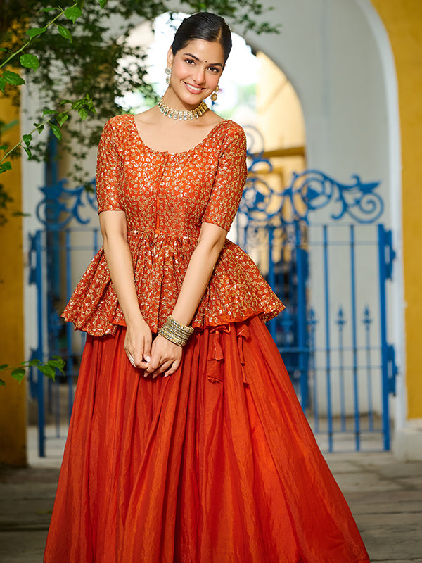 Orange Embroidered Sequins Work Peplum Top With Lehenga