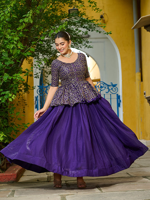 Purple Embroidered Sequins Work Peplum Top With Lehenga