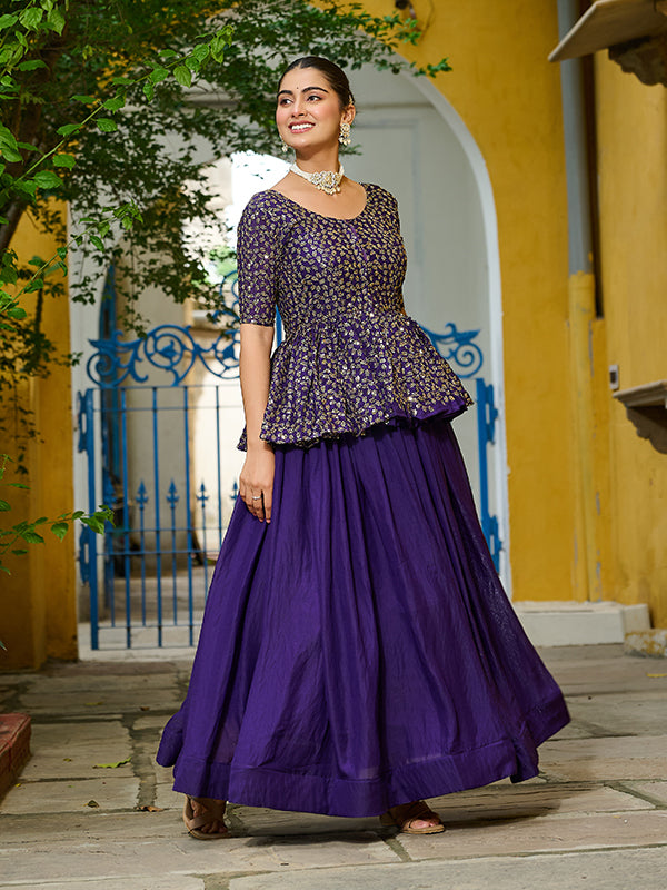Purple Embroidered Sequins Work Peplum Top With Lehenga