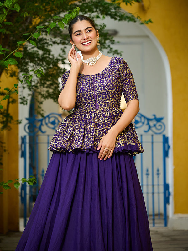 Purple Embroidered Sequins Work Peplum Top With Lehenga