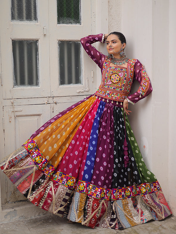 Multicolor Gamthi Embellished Work Georgette Print Blouse With Lehenga