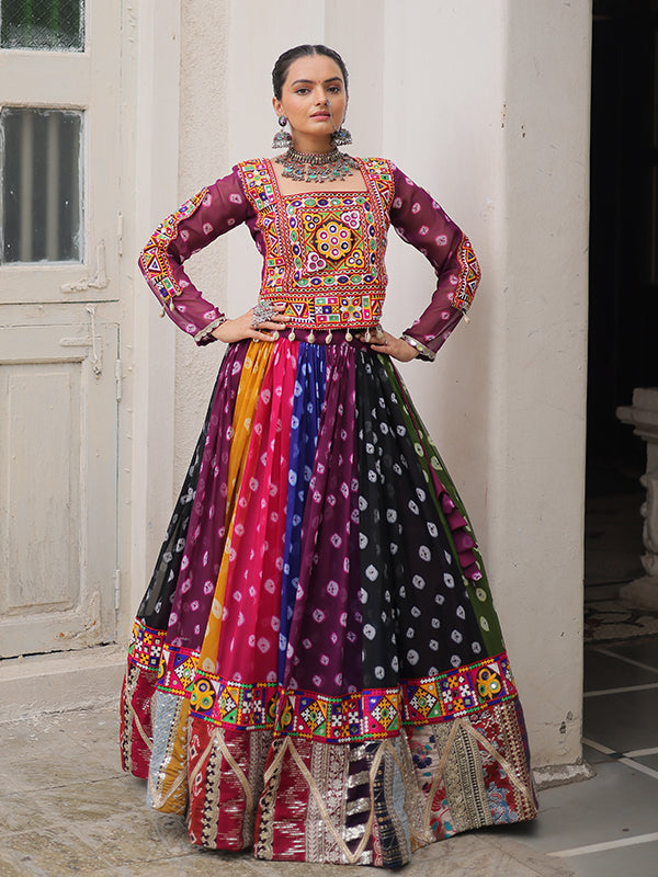 Multicolor Gamthi Embellished Work Georgette Print Blouse With Lehenga