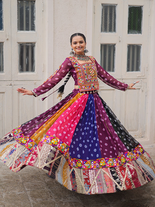 Multicolor Gamthi Embellished Work Georgette Print Blouse With Lehenga