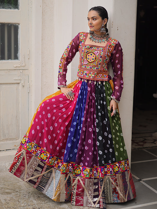 Multicolor Gamthi Embellished Work Georgette Print Blouse With Lehenga