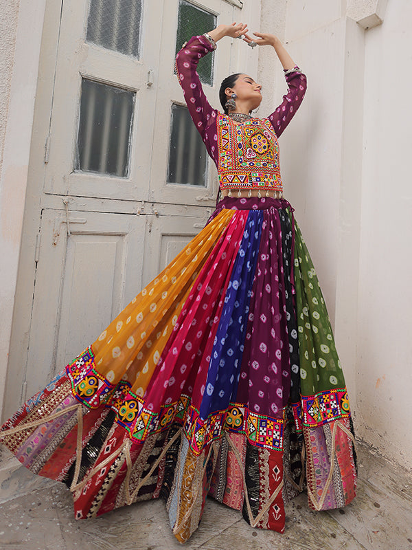 Multicolor Gamthi Embellished Work Georgette Print Blouse With Lehenga