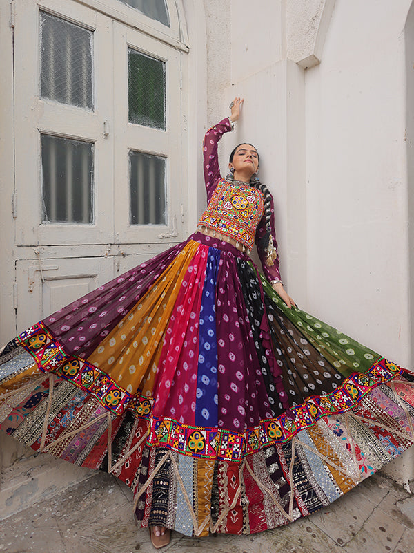 Multicolor Gamthi Embellished Work Georgette Print Blouse With Lehenga