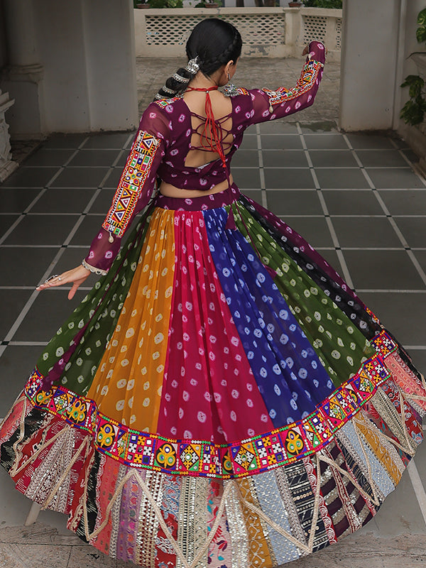 Multicolor Gamthi Embellished Work Georgette Print Blouse With Lehenga