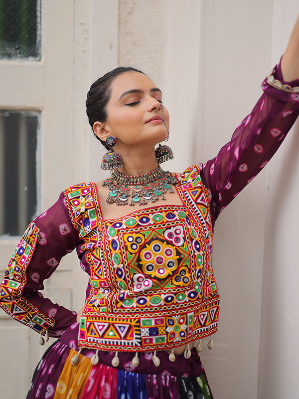 Multicolor Gamthi Embellished Work Georgette Print Blouse With Lehenga