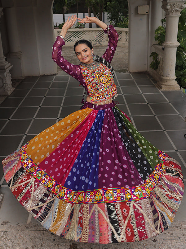 Multicolor Gamthi Embellished Work Georgette Print Blouse With Lehenga