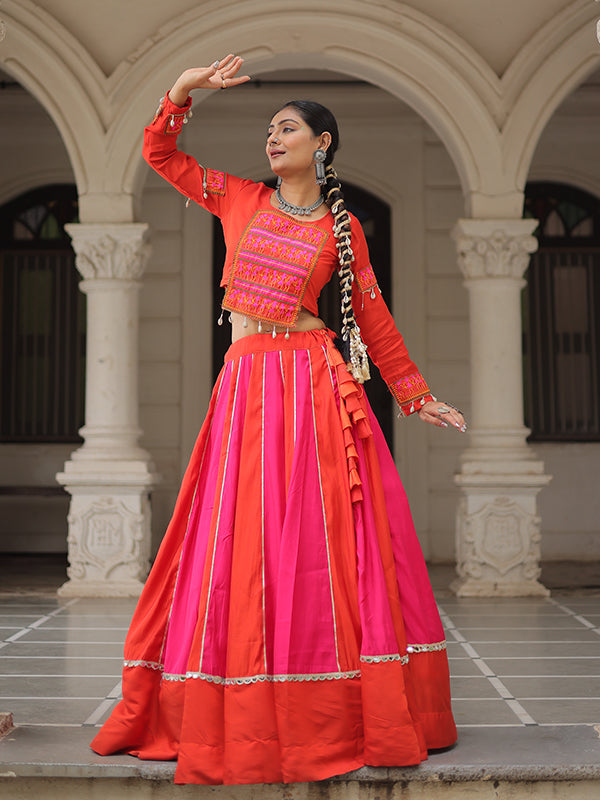 Orange & Pink Gamthi Work Blouse With Mirror Lace Embellished Work Lehenga
