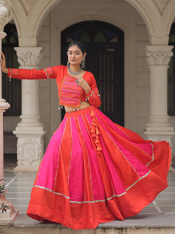 Orange & Pink Gamthi Work Blouse With Mirror Lace Embellished Work Lehenga