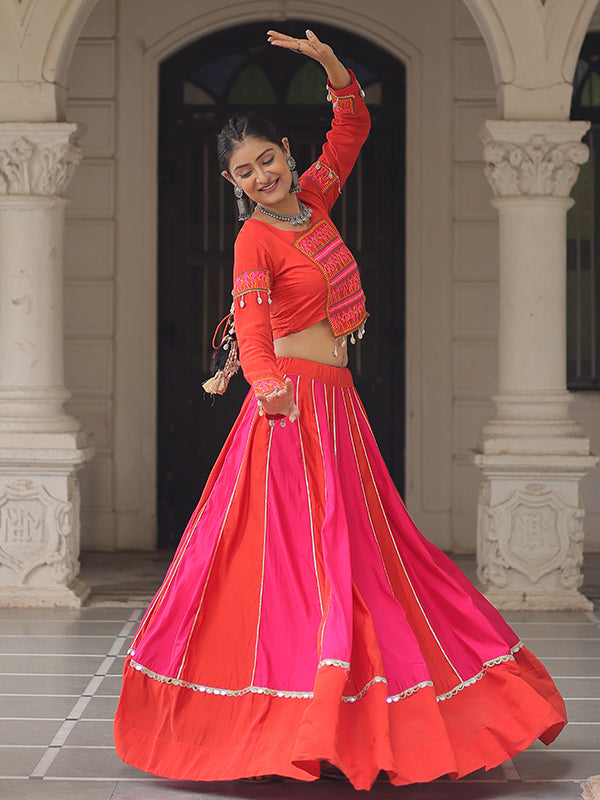 Orange & Pink Gamthi Work Blouse With Mirror Lace Embellished Work Lehenga