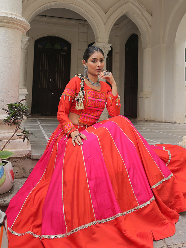 Orange & Pink Gamthi Work Blouse With Mirror Lace Embellished Work Lehenga