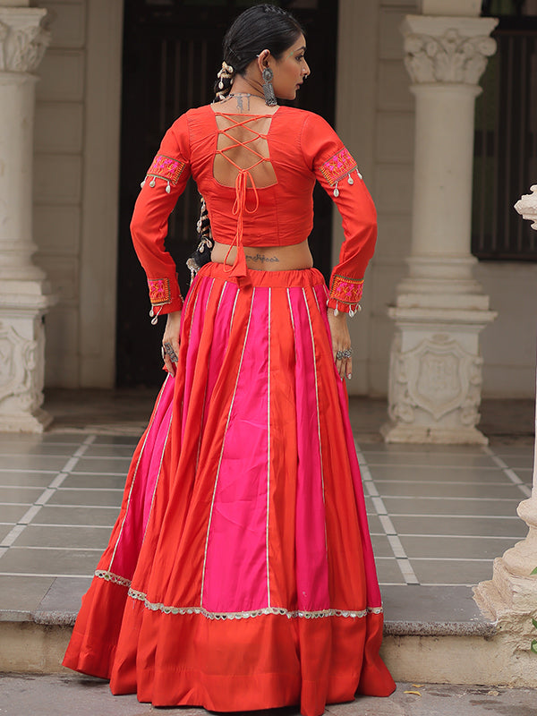 Orange & Pink Gamthi Work Blouse With Mirror Lace Embellished Work Lehenga