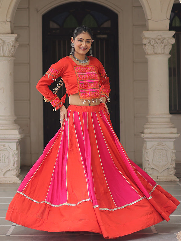 Orange & Pink Gamthi Work Blouse With Mirror Lace Embellished Work Lehenga