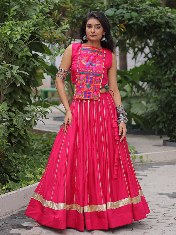 Pink Gota-Patti Lace Lehenga With Kutchi Gamthi Embroidered Work Top