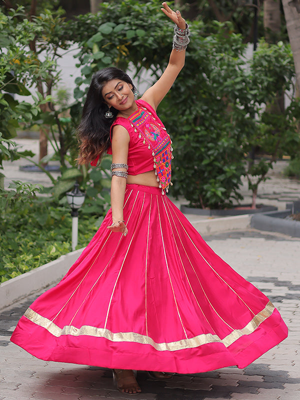 Pink Gota-Patti Lace Lehenga With Kutchi Gamthi Embroidered Work Top