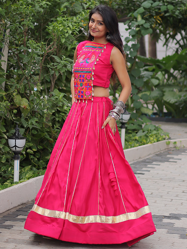 Pink Gota-Patti Lace Lehenga With Kutchi Gamthi Embroidered Work Top