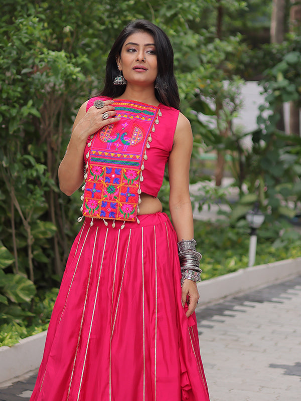 Pink Gota-Patti Lace Lehenga With Kutchi Gamthi Embroidered Work Top