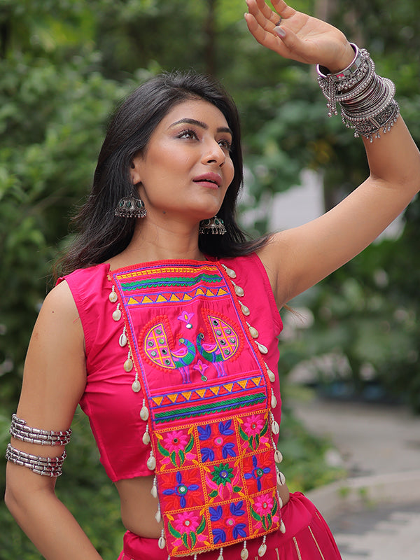 Pink Gota-Patti Lace Lehenga With Kutchi Gamthi Embroidered Work Top