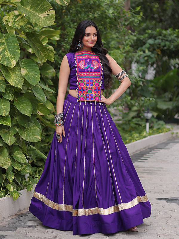 Purple Gota-Patti Lace Lehenga With Kutchi Gamthi Embroidered Work Top