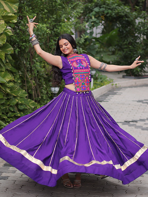 Purple Gota-Patti Lace Lehenga With Kutchi Gamthi Embroidered Work Top