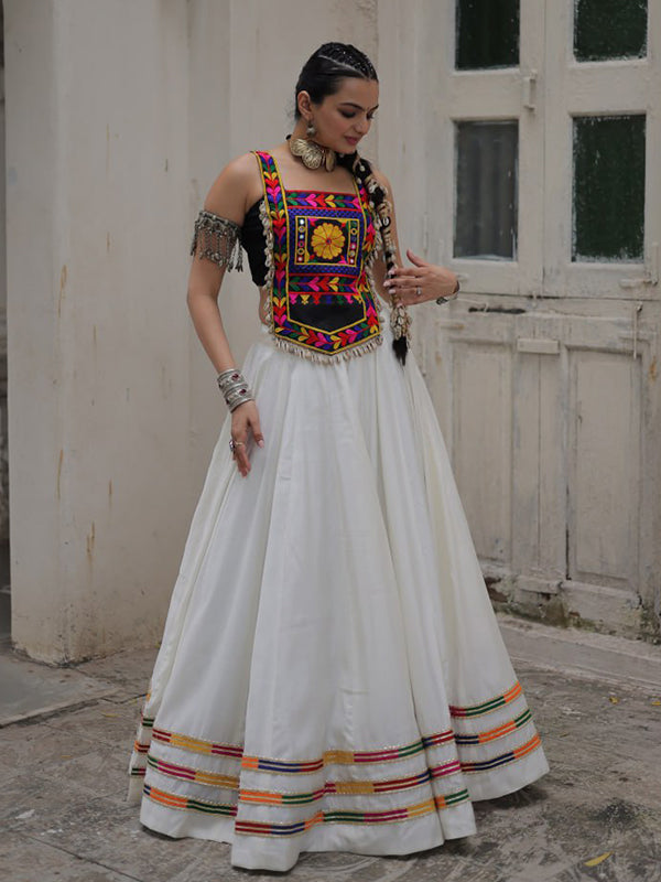 Black Kutchi Gamthi Embroidered Work Top With White Gota-Patti Lace Lehenga