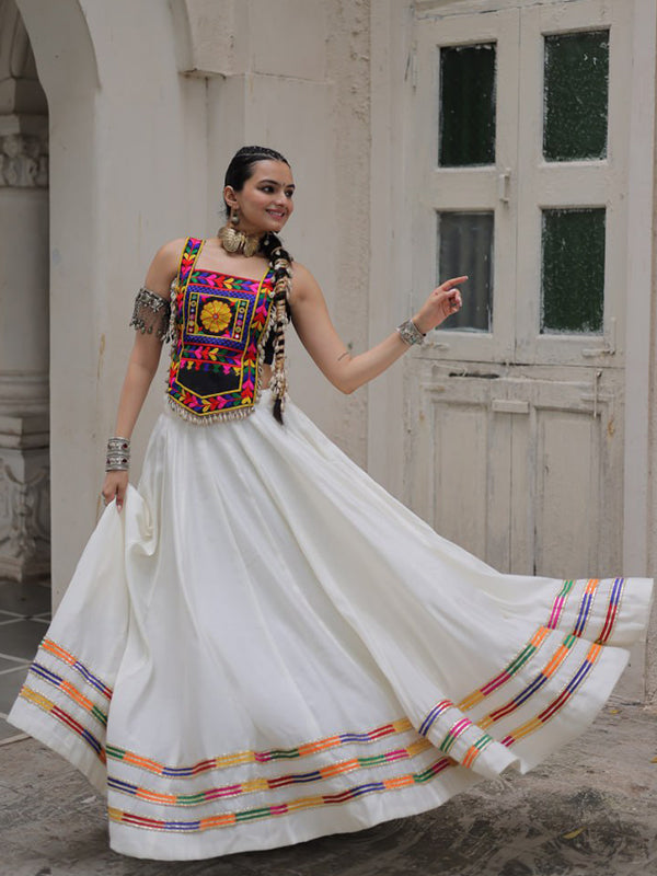Black Kutchi Gamthi Embroidered Work Top With White Gota-Patti Lace Lehenga