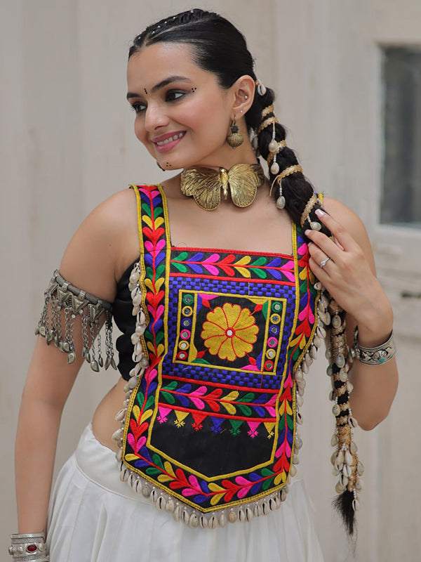 Black Kutchi Gamthi Embroidered Work Top With White Gota-Patti Lace Lehenga
