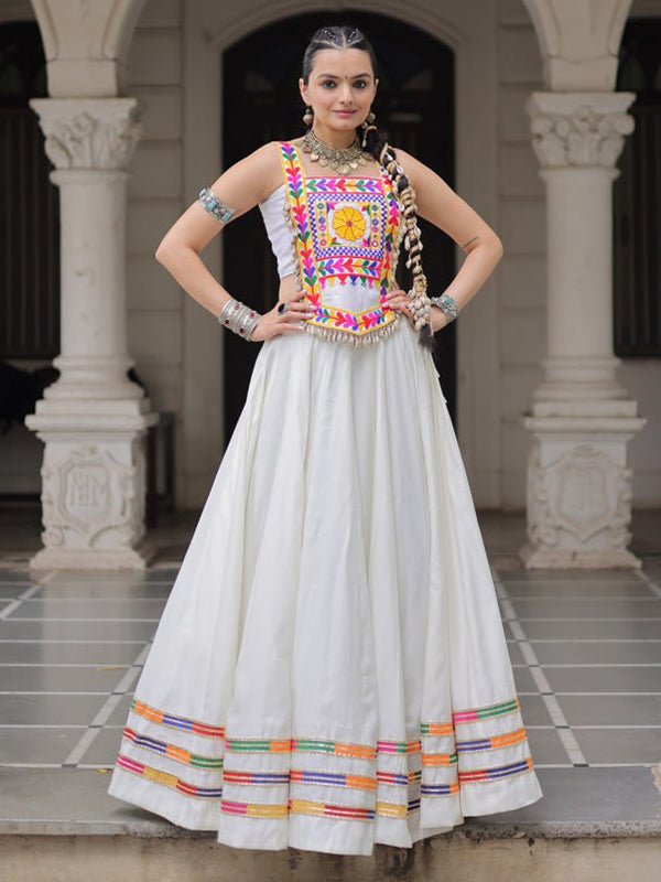 White Kutchi Gamthi Embroidered Work Top With Gota-Patti Lace Lehenga