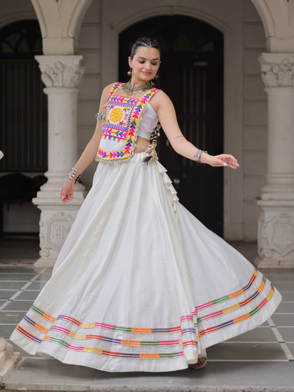 White Kutchi Gamthi Embroidered Work Top With Gota-Patti Lace Lehenga