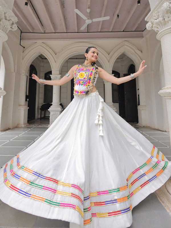 White Kutchi Gamthi Embroidered Work Top With Gota-Patti Lace Lehenga