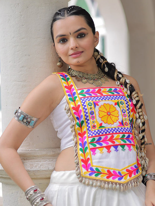 White Kutchi Gamthi Embroidered Work Top With Gota-Patti Lace Lehenga