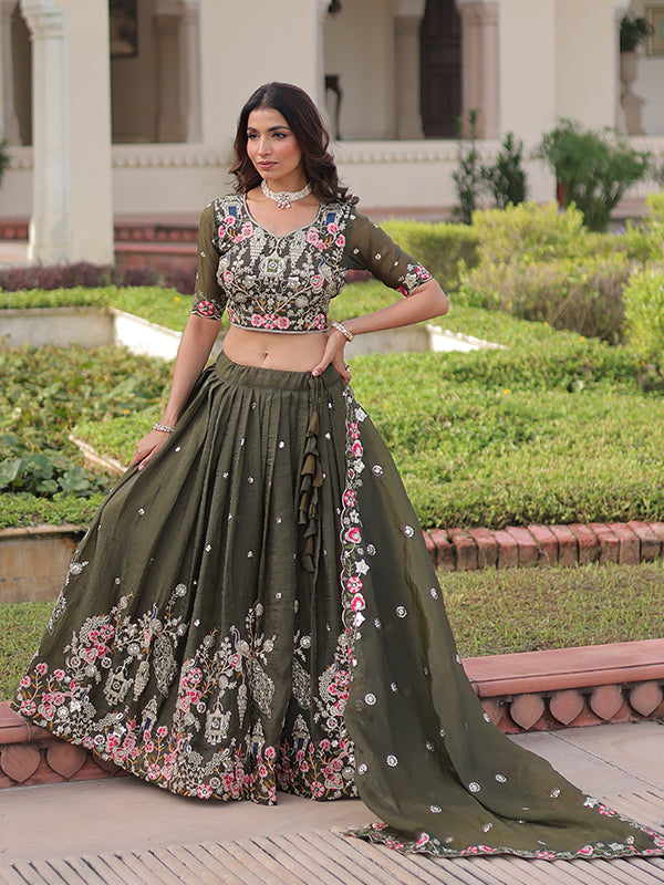 Green Sequins Zari Work Gold Crush Lehenga Choli With Dupatta