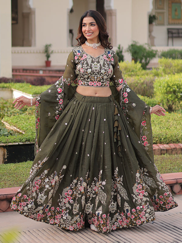 Green Sequins Zari Work Gold Crush Lehenga Choli With Dupatta