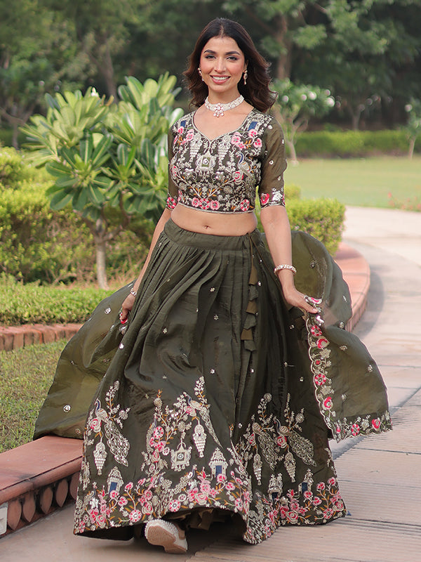 Green Sequins Zari Work Gold Crush Lehenga Choli With Dupatta