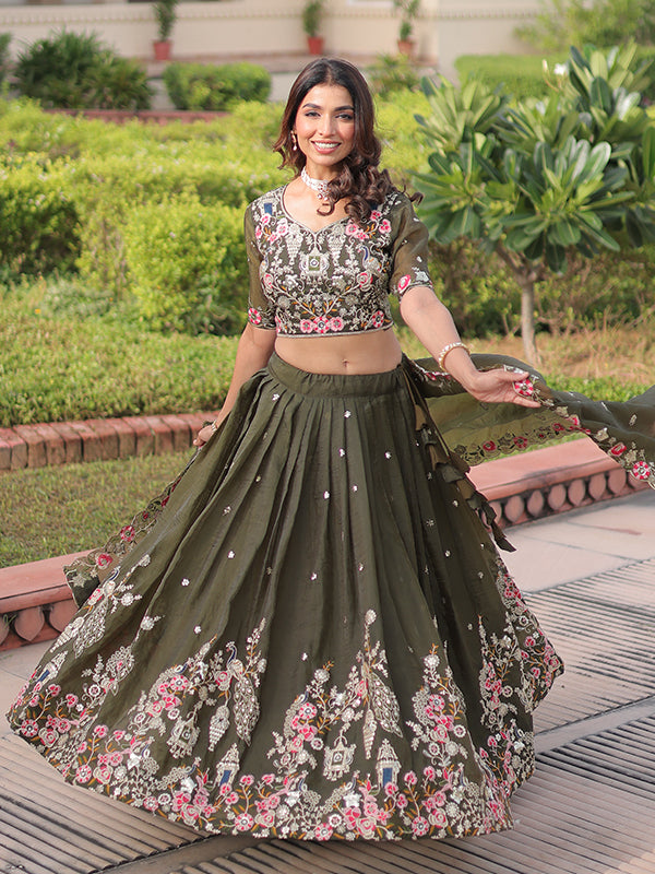 Green Sequins Zari Work Gold Crush Lehenga Choli With Dupatta